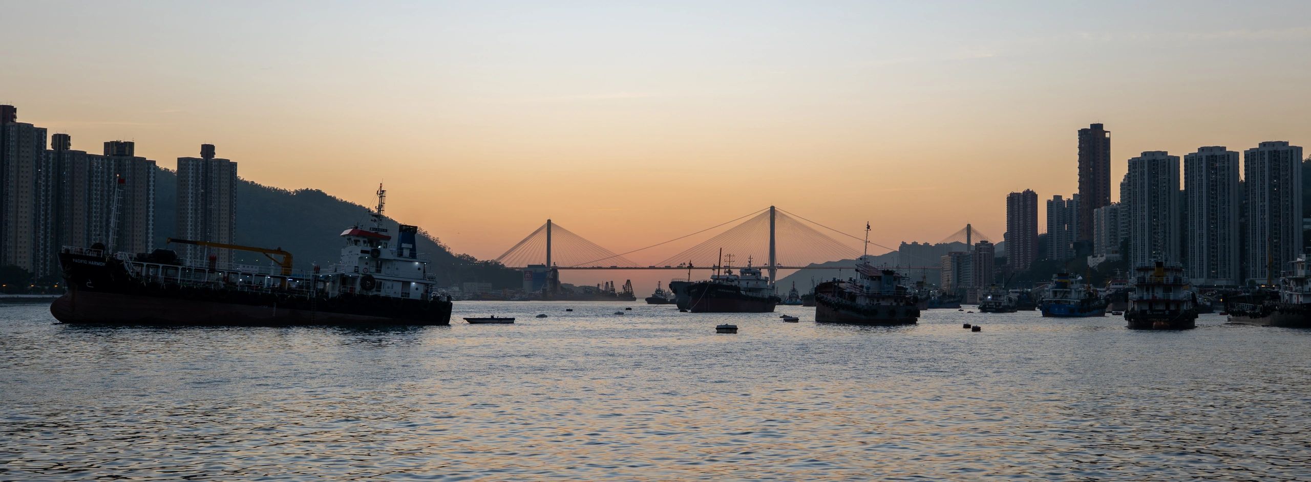 Harbor skyline at sunset